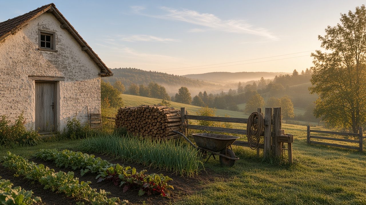Hillside farmyard and vegetable garden in early morning mist