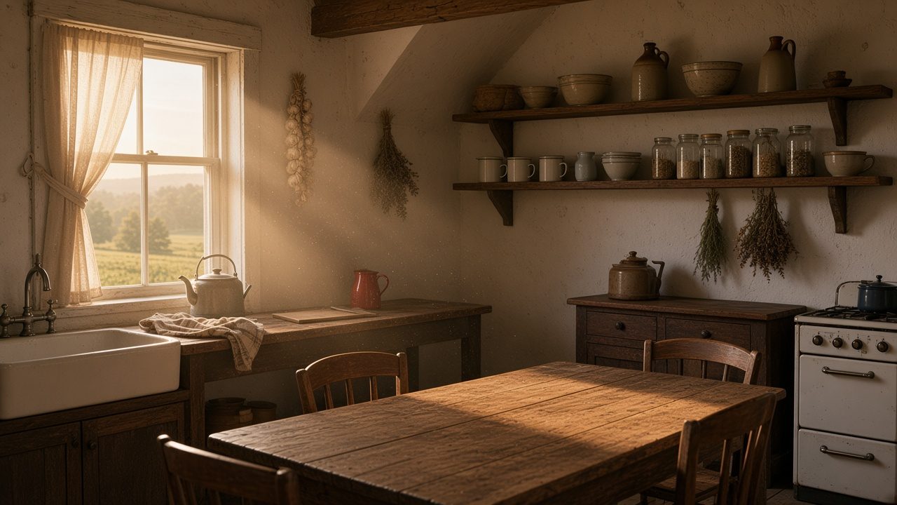 Rustic farmhouse kitchen with warm window light