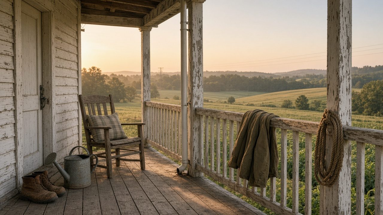 Weathered farmhouse porch at golden hour
